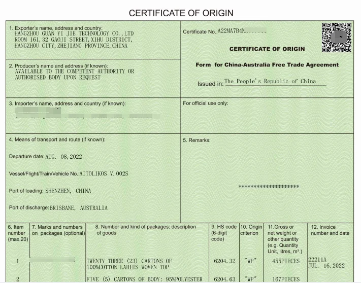 COO for all the shipments from China to Australia