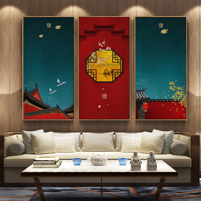 Chinese classical 3 pieces home decor painting Chinese style ancient building canvas oil painting