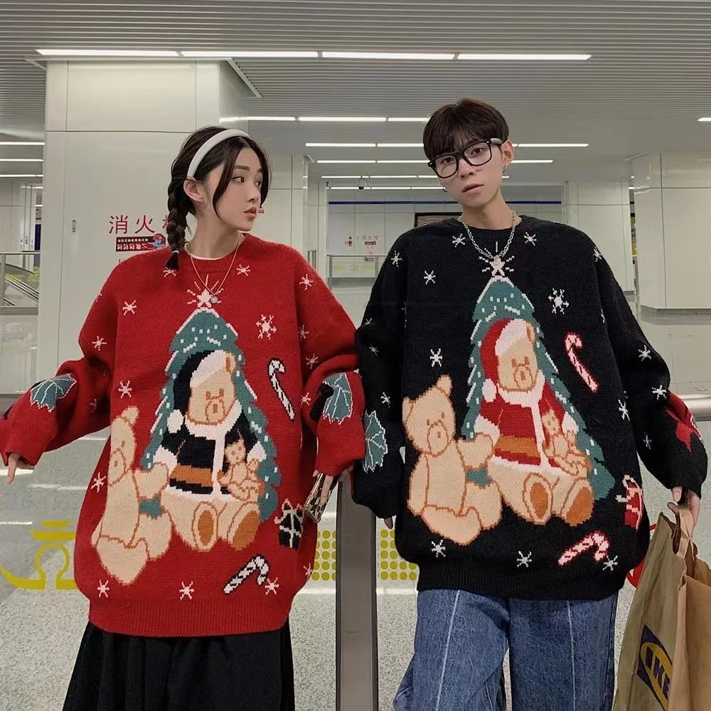 Little Bear Christmas Sweater for men and women lovers autumn winter Korean cartoon jacquard round neck sweater loose sweater