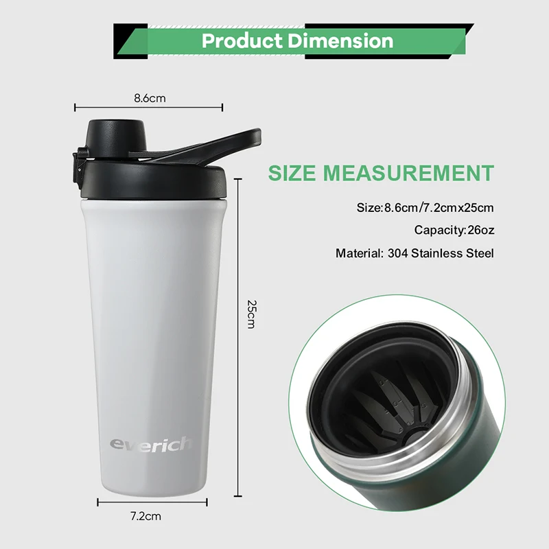Free Sample 26oz Insulated Shakers Bottles Cup for Protein Mixes Stainless Steel Shaker Bottle with Noise-Free Design