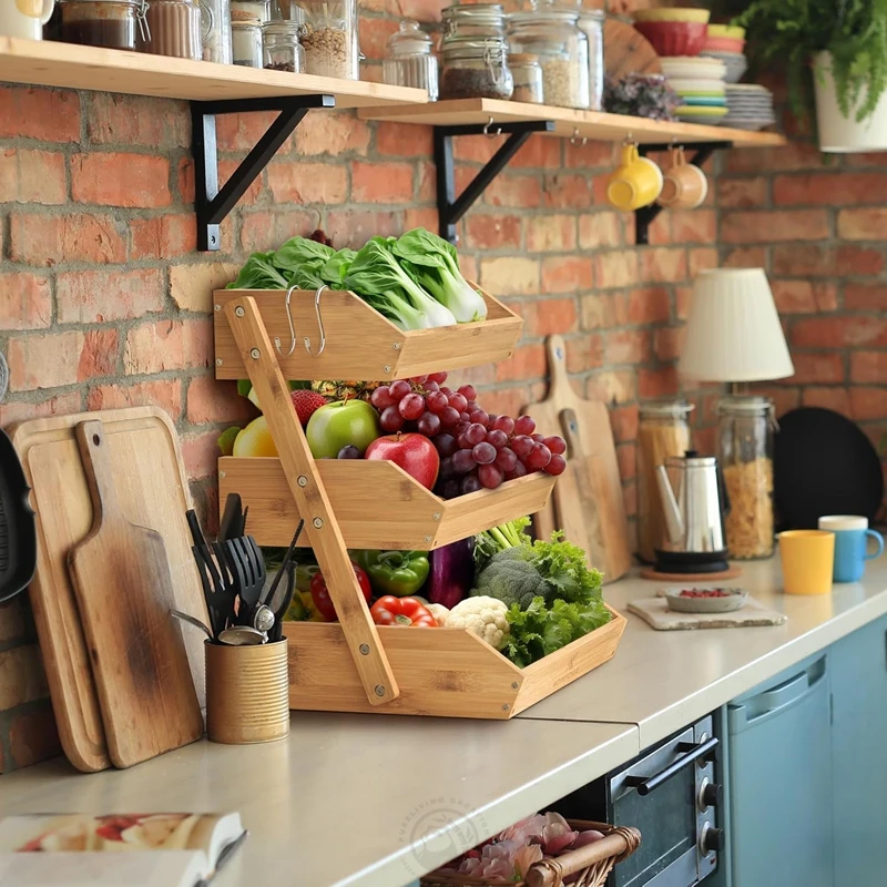 3-Tier Premium Bamboo Durable and Easy Fruit Stand for Countertop Bamboo Fruit Basket 3-Tier for Vegetables Bread and Snacks