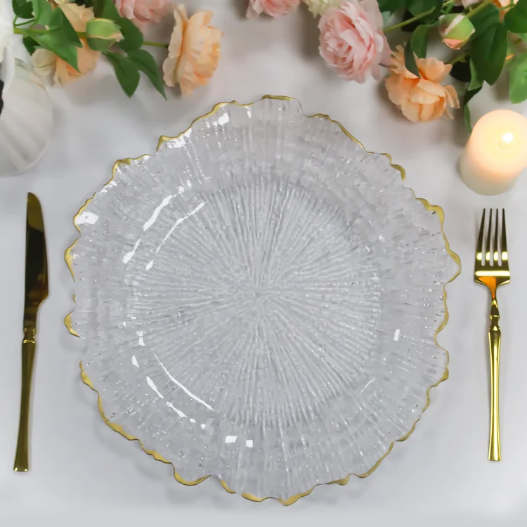 Eco-Friendly 13 inch Clear Plastic Charger Plates Ruffled Gold Rim Flora Rim Design Inspired Reef Coral Wedding Plate