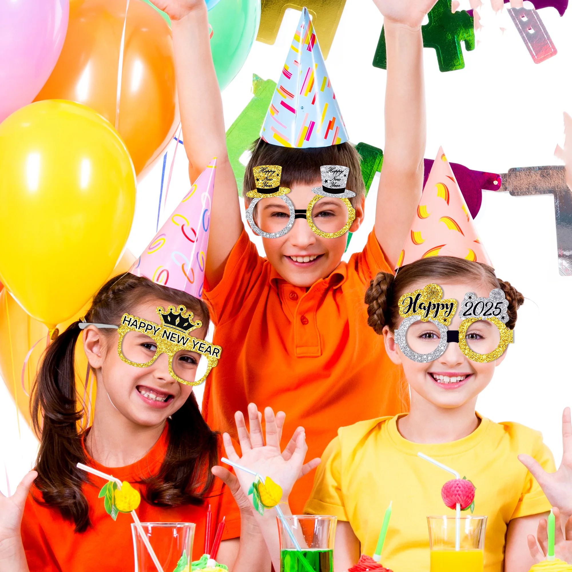 Huancai Hello 2025 New Year Party Eyeglasses Gold Silver Paper Glasses 12 PCS Sunglasses for Happy New Year Eve Party Supplies