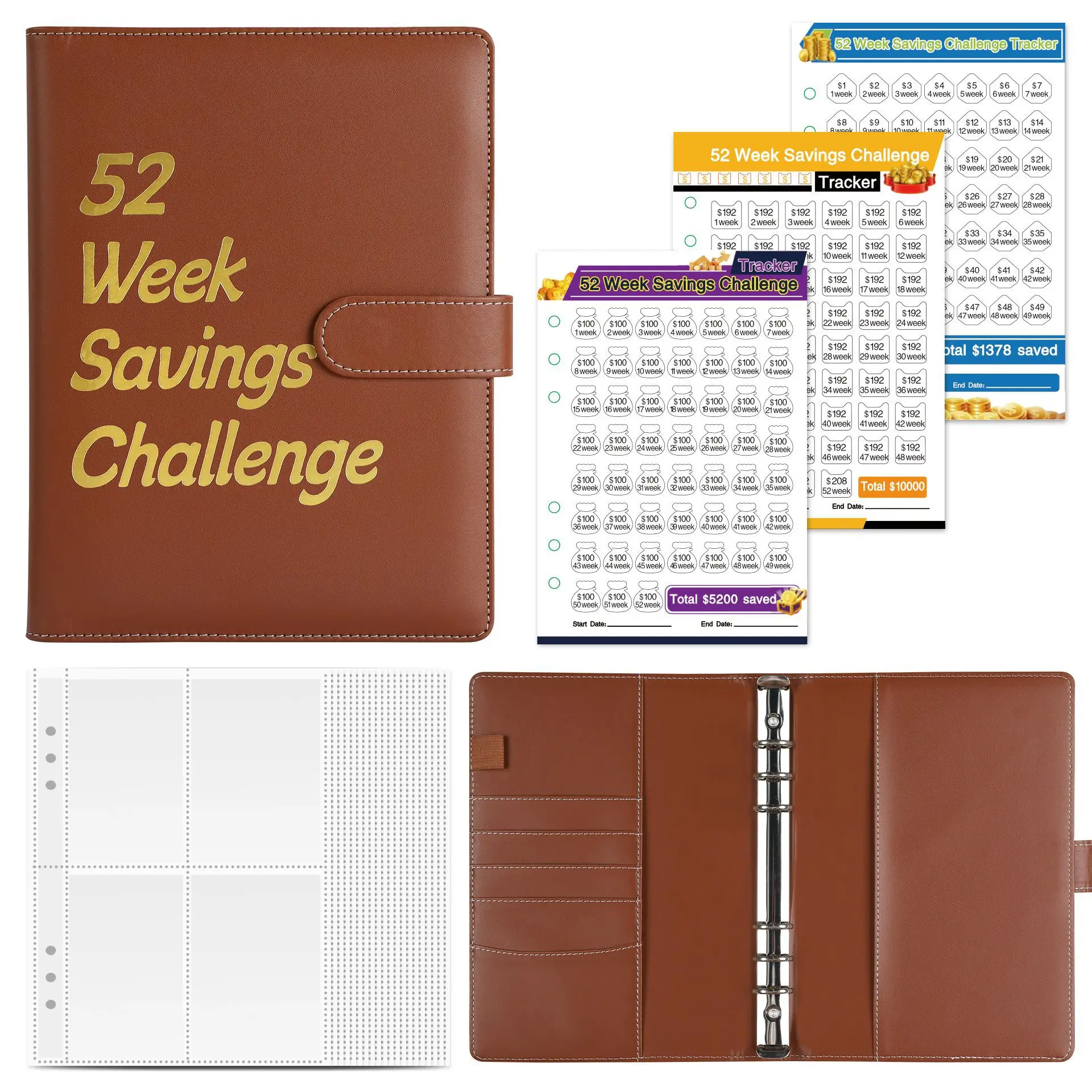 Wholesale finance organizer notebook planner loose leaf 6 rings leather 52 week savings challenge A5 budget binder