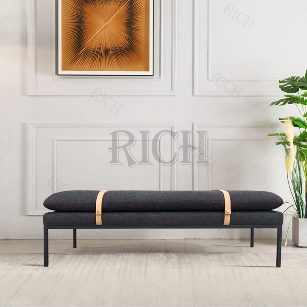 Navy Blue Double Upholstered Ottoman Stool Rectangular Shaped Modern Living Room Stainless Steel Leg Footrest