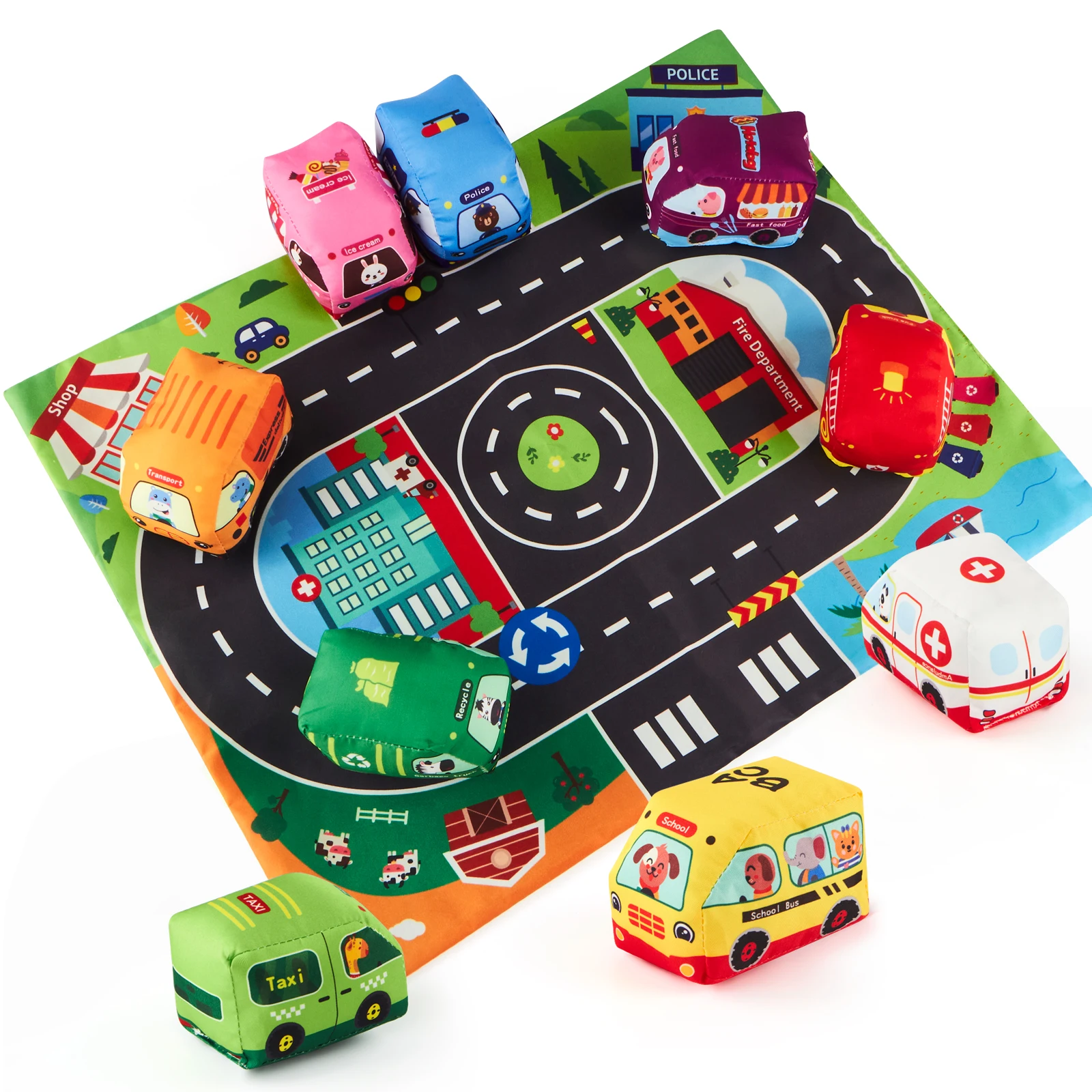 Cloth Car Toys Fabric Car with Bell Ring and Play Mat Montessory Toys Learning Baby Soft
