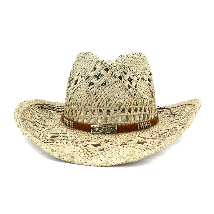 Шляпа от солнца ручной работы унисекс, этническая ковбойская пляжная соломенная шляпа ручной работы