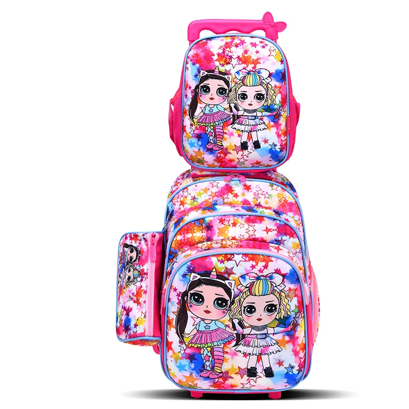factory fashion original cartoon character design 16 inch trolley school bag set with lunch box and pencil case