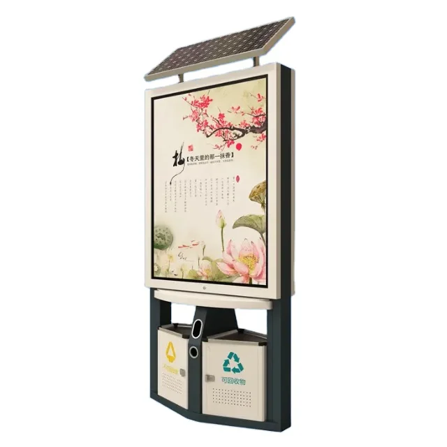 Factory Sample Solar Powered Litter Garbage Compactor Recycling Waste Bins With Scrolling Double LED Light Box Advertising Panel
