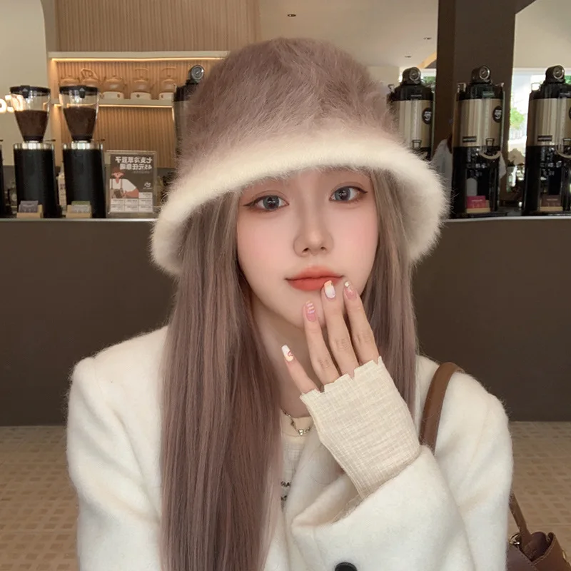 Gradient Rainbow Rabbit Fur Bucket Hat Fashion High-end Women Autumn Winter Warm Plush Fur Hat for Woman
