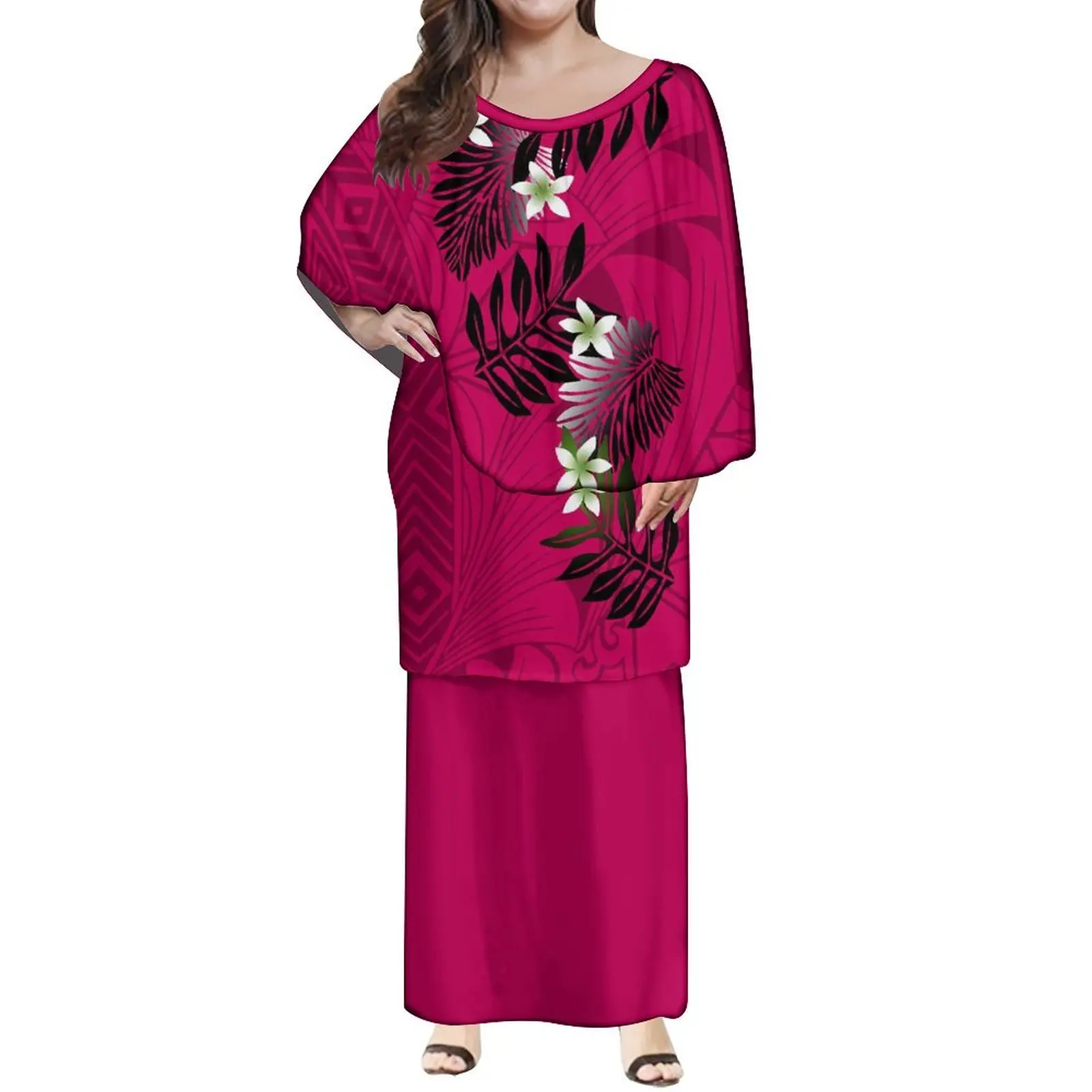 New Style Polynesian Women Long Ponchos Dress Puletasi Samoan Custom Plus Size Layered Ruffle Top Skirts 2 Piece Set Wing Dress