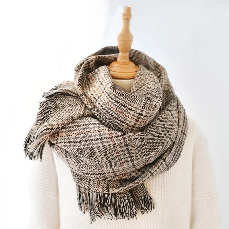 
Классический коричневый клетчатый полированный женский шерстяной шарф, зимние длинные шарфы, теплая накидка, бандана, шаль, модная Пашмина 