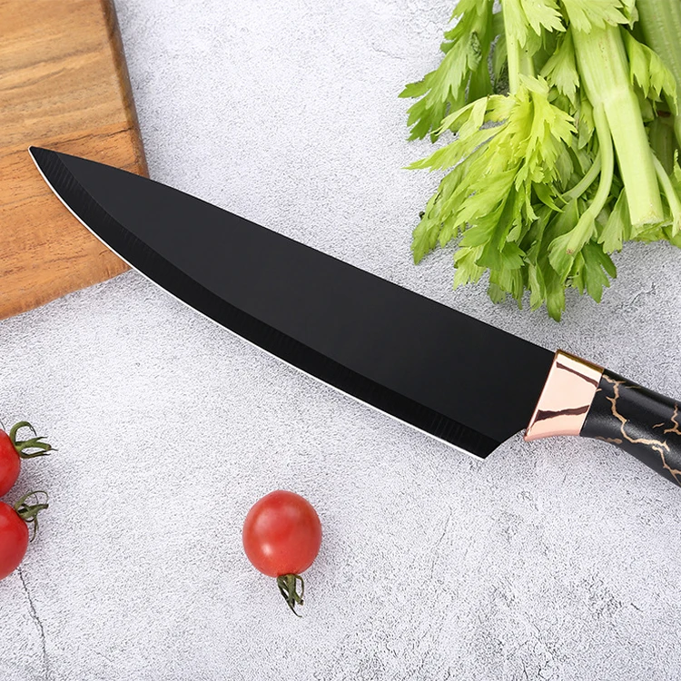 Hot selling rose gold double electroplating head marble pattern stainless steel kitchen knife set