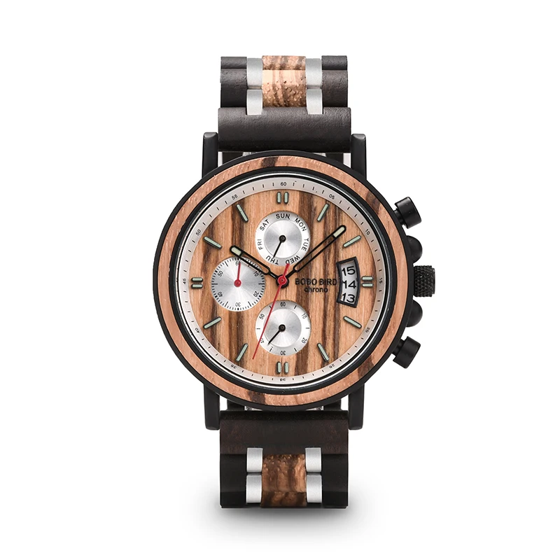 BOBO BIRD Handmade Stainless Steel Montre Homme Wood Watches Stop Function Watches Mens Top Brand Wood Watches with OEM LOGO