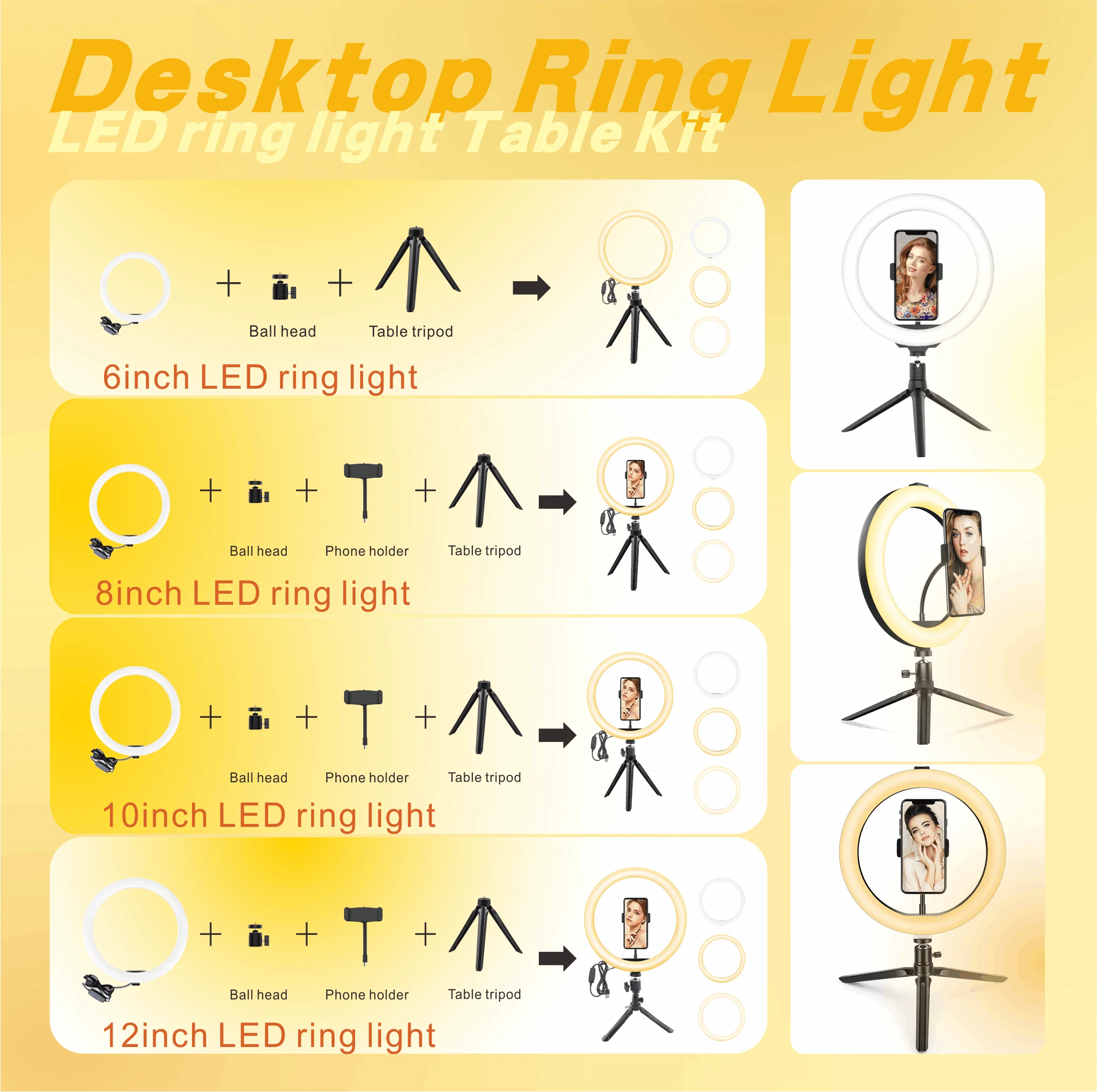 6/8/10/12 Inch Selfie Photo YouTube Video LED Ring Light with Flexi Phone Clamp & Stand for Makeup Live