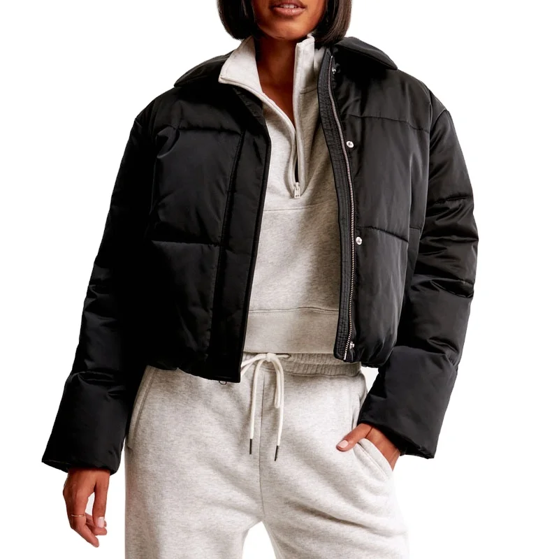 custom high quality soft satin fabric concealed snaps storm cuffs winter Puffer Jacket
