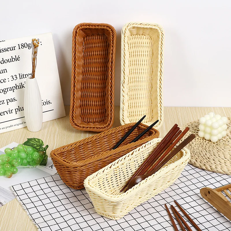 Creative Rectangular PP Rattan Basket High-End Hotel Restaurant Kitchen Tableware Storage Knives Forks Woven Baskets