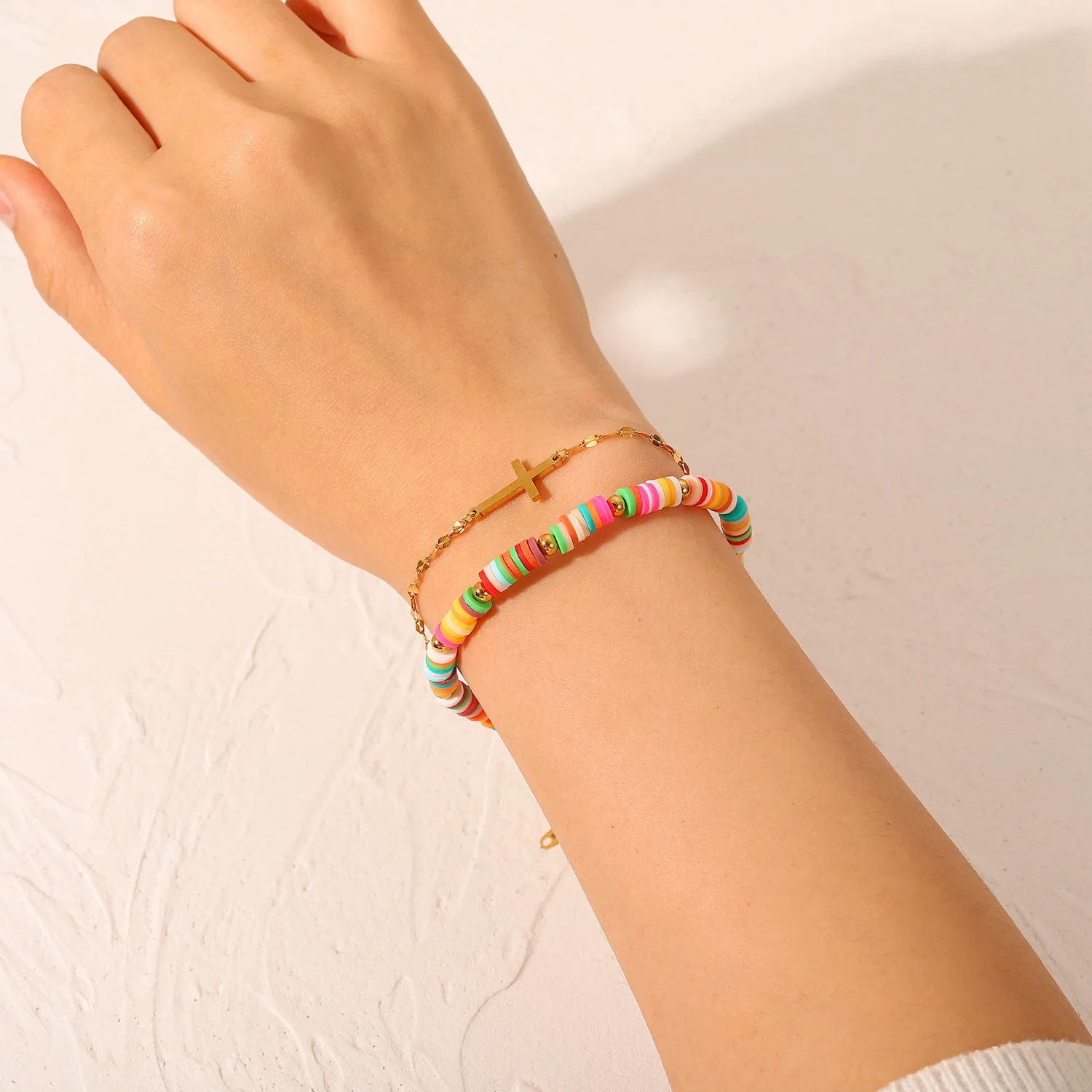 New Fashion 18K Gold Lovely Color Soft Ceramic Pink Blue Colourful  Double Chain Cross Zircon Beads Elements Bracelet For Women