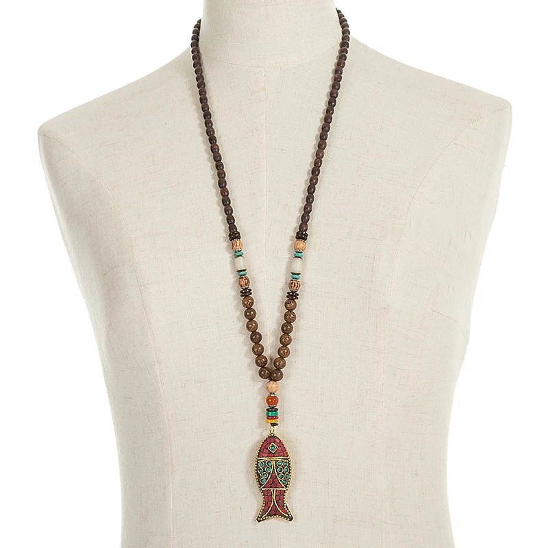 
Handmade Nepal Necklace Buddhist Mala Wood Beads Pendant & Necklace Ethnic Geometric Long Strand Statement Jewelry Women Men 