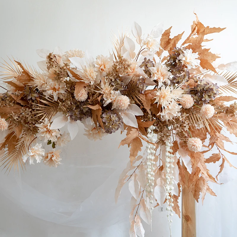 Custom Brown Flower Row Artificial Flower Arrangement Autumn Color Wedding Background Arch Decor For Party Stage Layout