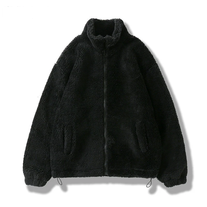 Custom Hip Hop Fleece Fluffy Jacket Daily Zipper Coat Men Lightweight Jackets Black Jacket