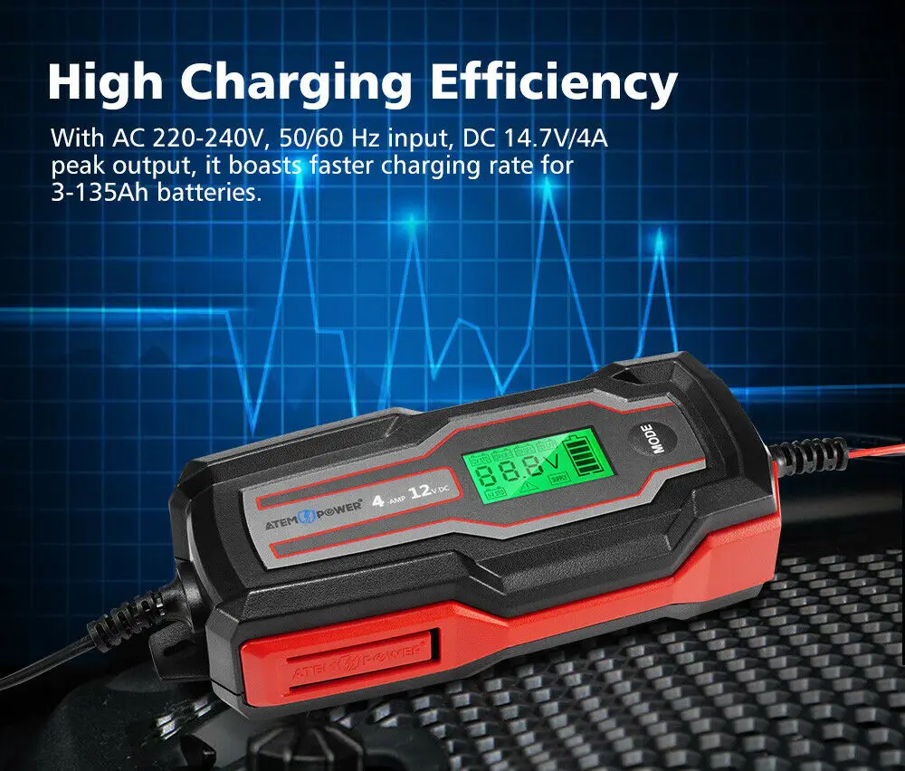 
4A 6V/12V Automatic SLA AGM Car Truck Boat Motorcycle Smart Battery Charger 