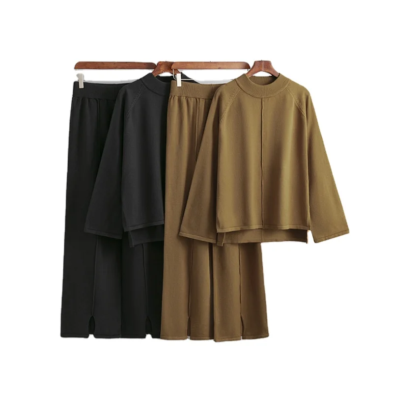 Hot Sales Loose Solid Color Crew Neck Pullover Sweater Two Piece Slit Knit Wide Leg Pants Set