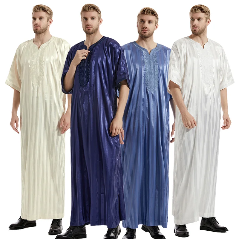 High Quality Arab Morocco Thobe Men Muslim Thawb Caftan Striped Short Sleeve Embroidered Men Daffah Thobe