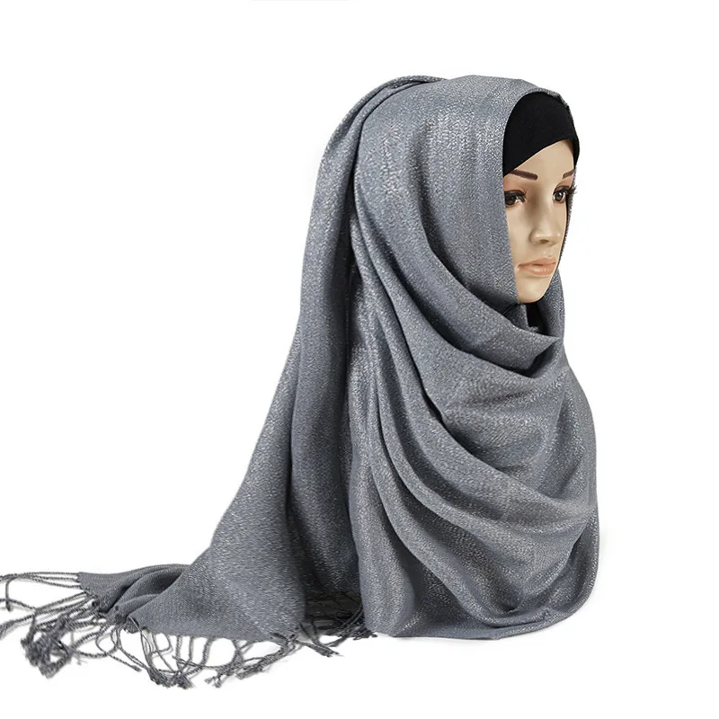 Hot Rayon Silver Shiny Scarf Tassels Islamic Women Metallic Lurex Glitter Scarves Muslim Hijab shawls