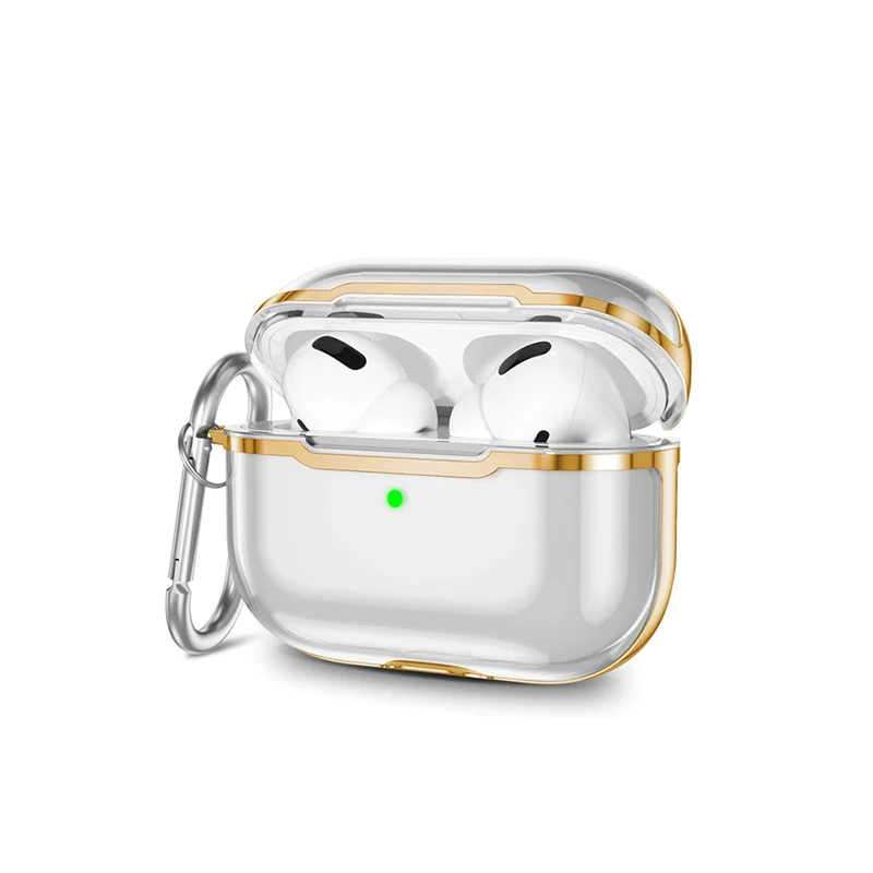 Luxury Plating Plastic TPU Earphone Case for AirPods Pro Shockproof Protective Transparent Earphone Accessories With Hook