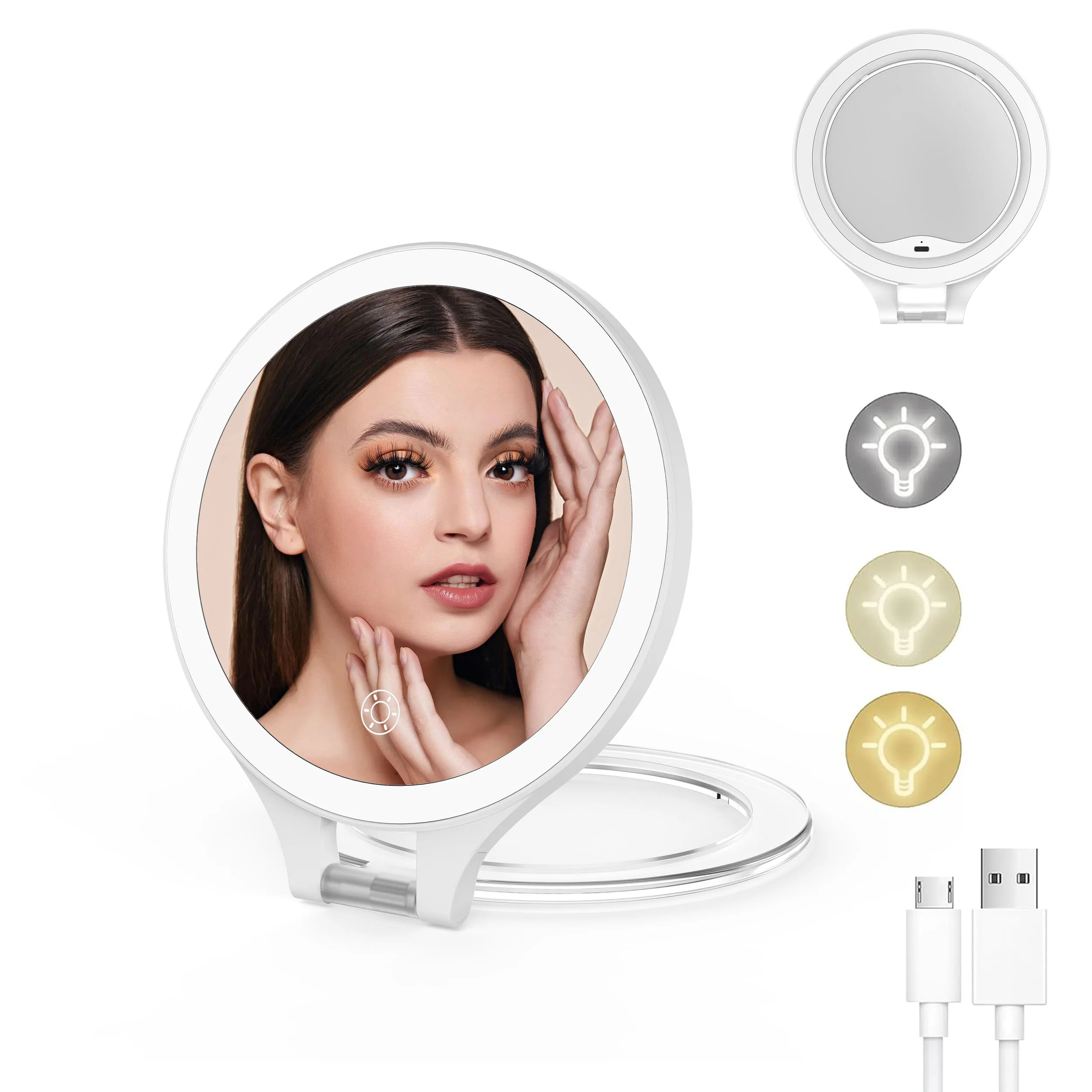 Round Double Side Round Manufacturers Portable Makeup Mirror With Led Light Folding Travel Folding Cosmetic Mirror