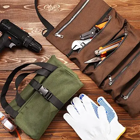 Canvas Tool Roll Pouch with 5 Zipper Pockets Tool Organizer Bag
