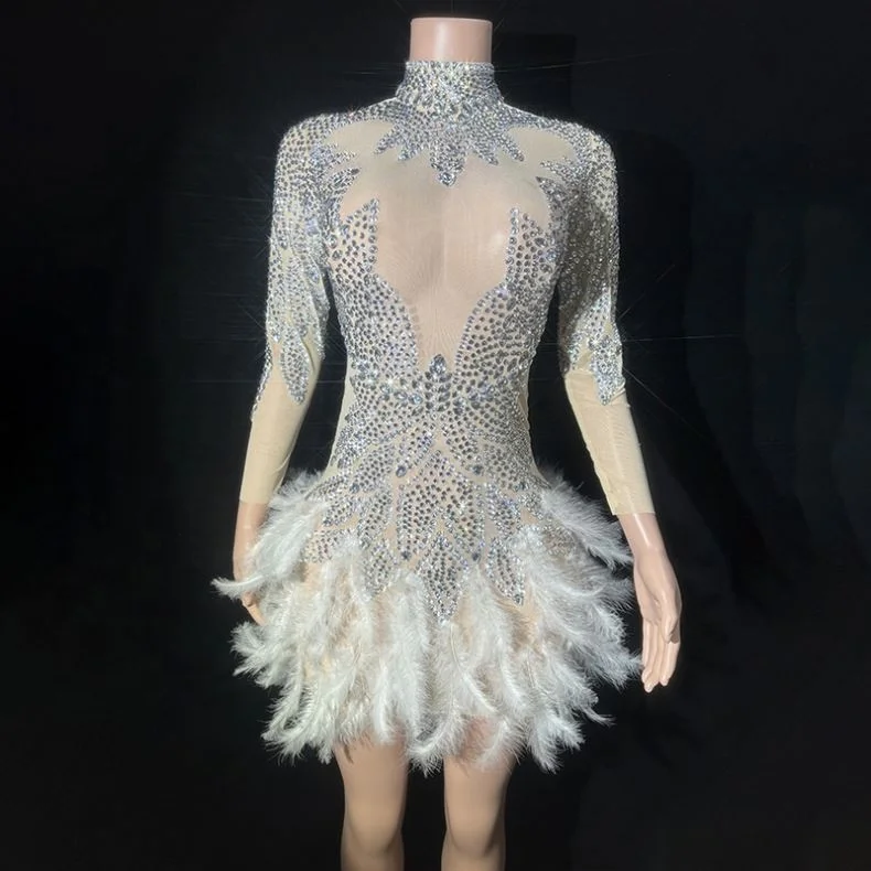 Long Sleeve Womens Clothing Online Stores Feathers Cocktail Dress Elegant Short Party Dresses