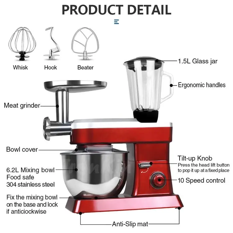 3 in 1 Pastry Stand Food Mixer 1200W 6.2L Meat Grinder Electric Cake Dough Household Kitchen