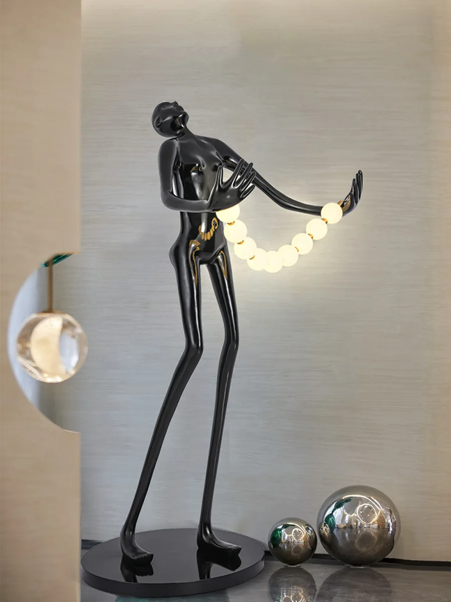 Led Character Floor Lamp With Glass Body And Black/white Shade Sculpture Art For Office Hotel Living Room Table
