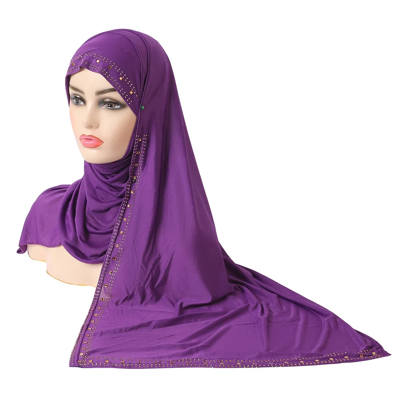 Hot Sale High Quality Plain Solid Color Malaysian Hijab Shawls Wraps Muslim Silk Headscarf Plain Rhinestone Hijab Long Scarf