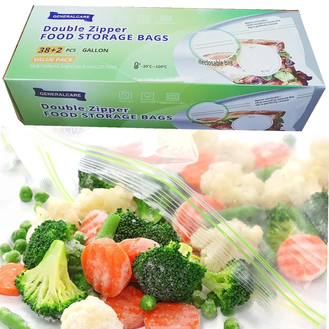 Reclosable Freezer Bags 40 Pack Double Zipper Airtight Seal BPA-Free Reclosable Freezer Bags for Safe and Secure Food Storage