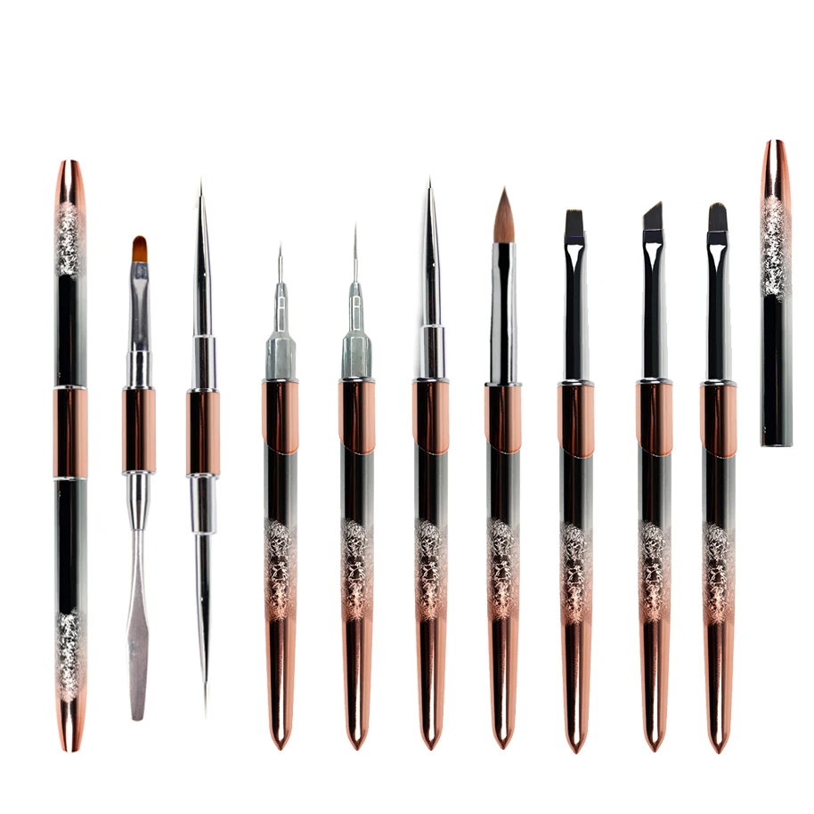 Lootaan Sample OEM Nylon 100% Pure Kolinsky Nail Liner Brush Metal Glittery Nail Gel Pen Rose Gold Painting Nail Acrylic Brush