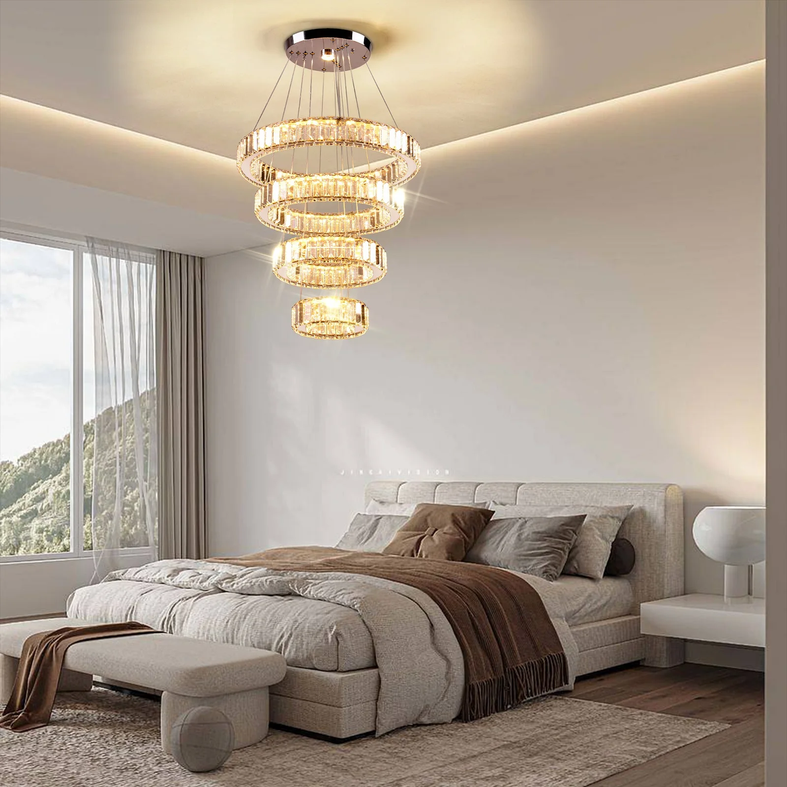 OEM for Dining Room Bedroom Living Room Dimmable Modern LED Chandelier with Remote 4 Ring Pendant Light Crystal Chandeliers