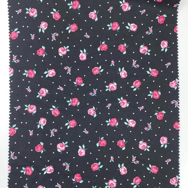 Wholesale price per meter lightweight flower design black one side satin blend 97 polyester 3 spandex fabric for apparel
