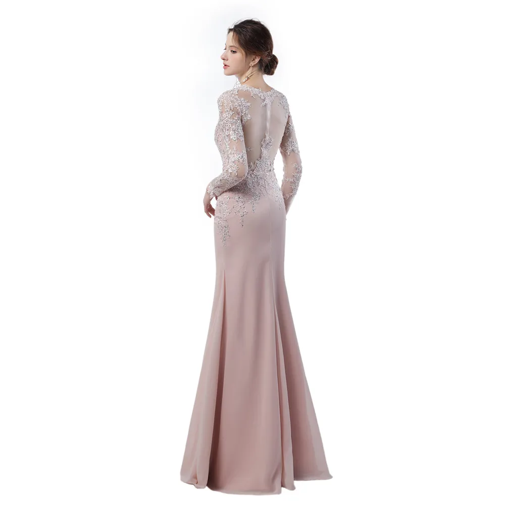 Blush Pink Bridesmaid Sheer Illusion See Through Long Sleeves Mermaid Long Chiffon Wedding Party Event Peach Brides Maid Dress