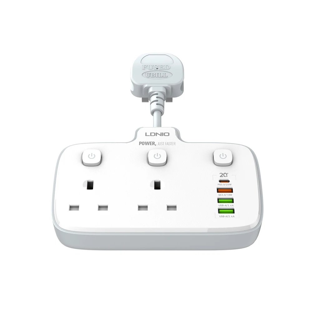 LDNIO SK2492 White UK Plug Extension Strip with 4 USB 2AC Ports Independent Switch Electric Home Wall Charger Socket Outlet