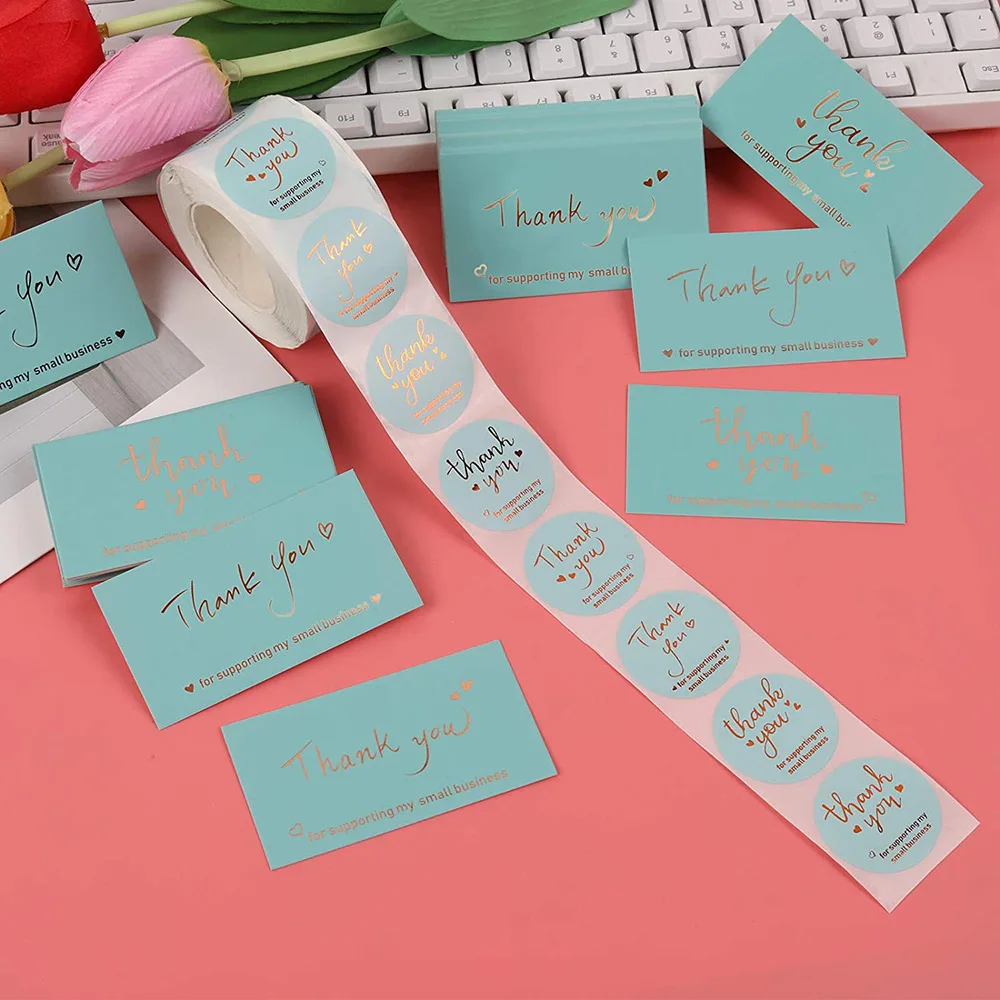 500pcs Roll 1.5 inch Blue Labels Gold Foil Thank You Stickers and Cards for Small Business