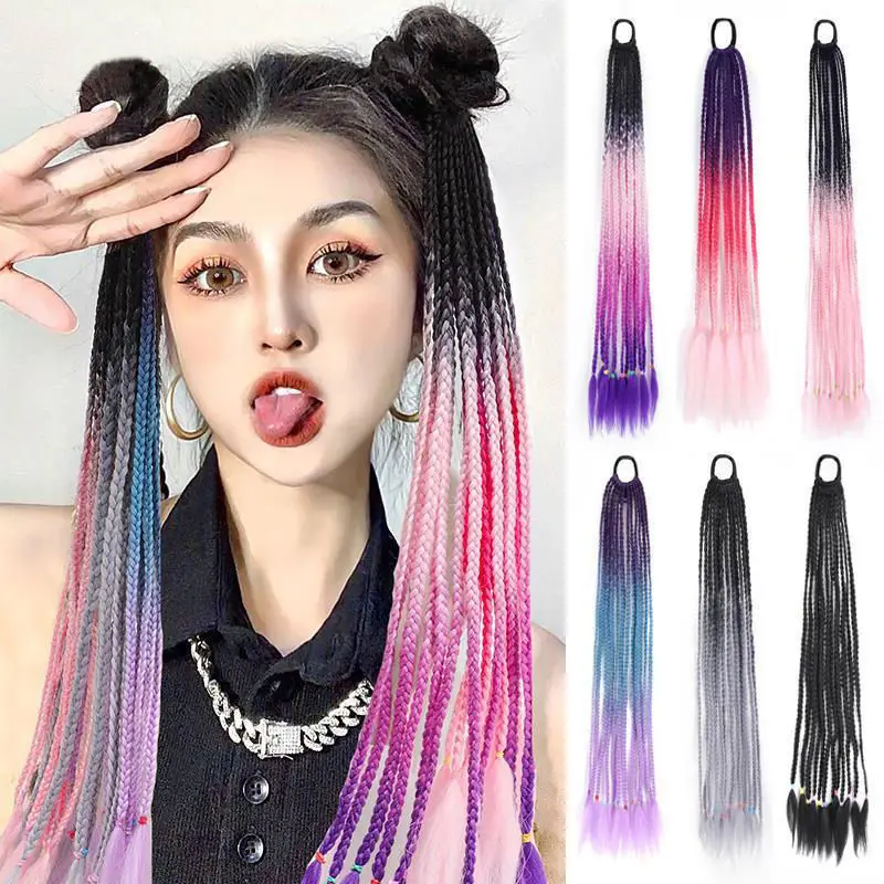 Color gradient high temperature silk wig ponytail hip-hop strap long fried dough twists pigtail braiding hair for women