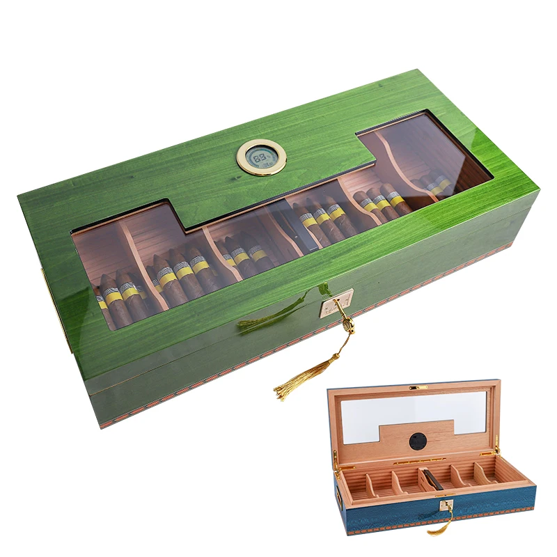 Cedar Wood Large Capacity Piano Paint Perspective Skylight Electronic Hygrometer Cigar Humidor box