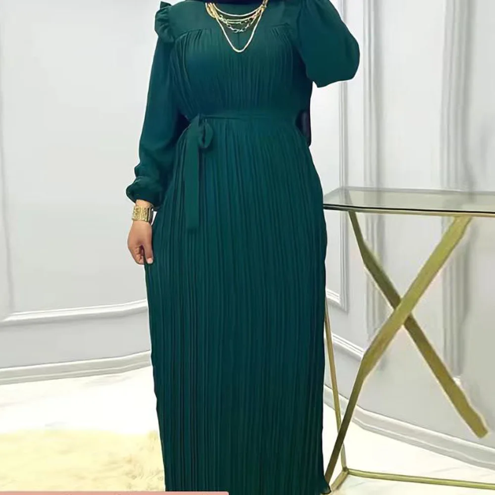 Bicomfort Clothes Women Muslim Loose Fit Dress Solid Color Pleated Long Sleeve O-Neck Casual Dress Undefined