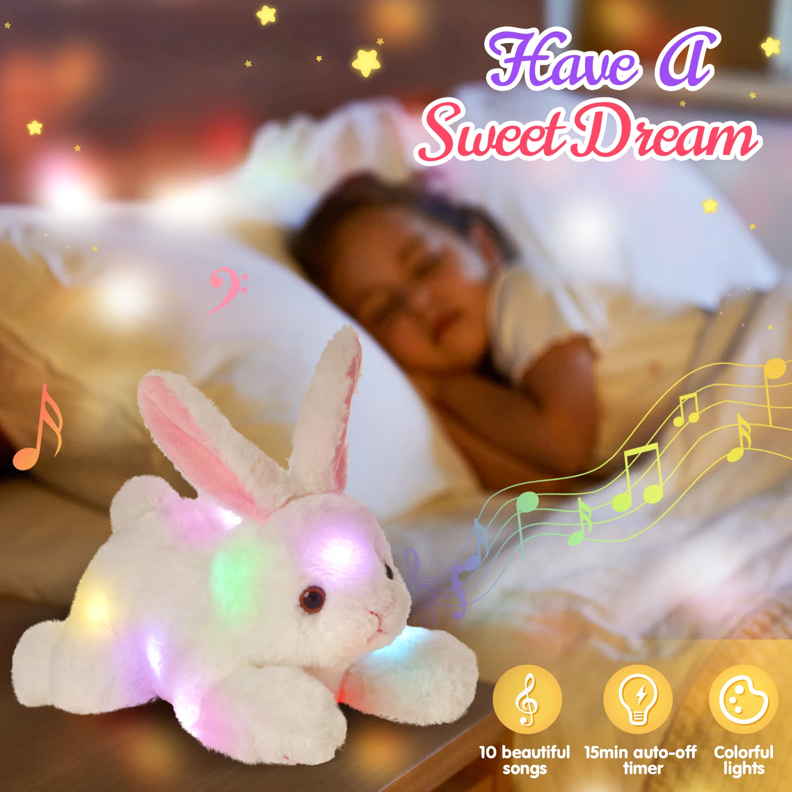 Musical Stuffed bunny rabbit Soft Singing Light Up Plush Toy Glow Lullaby Animated Soothe Birthday for Kids Toddler, Gray