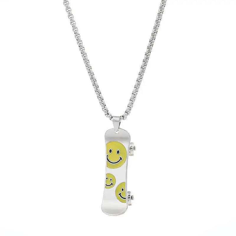 Wholesale Stainless Steel Smile Smiley Face Hip Hop Skateboard Pendant Necklace