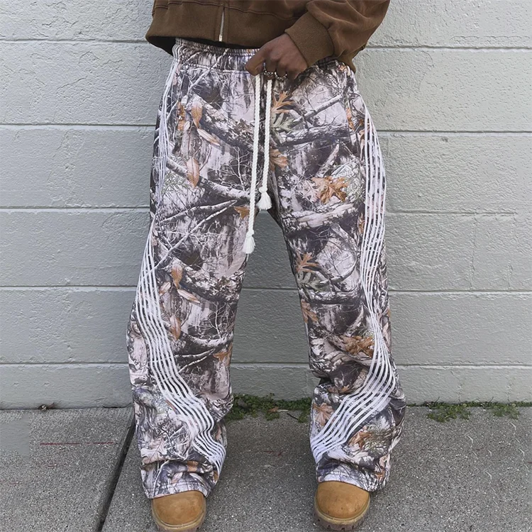 Custom tree camo sweatpants french terry striped track pants flare stacked wide leg sweat baggy pants men