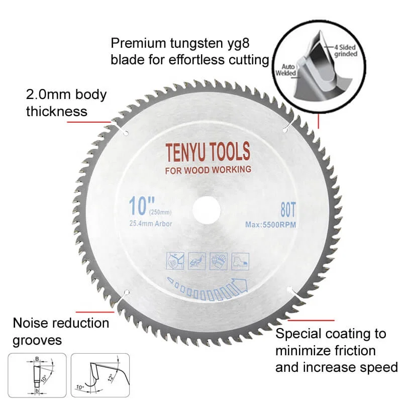 TCT Carbide Tip Wooden Cutter Wood Cutting Saw Circular Blade Sizes 10inch 80teeth hojas de sierra